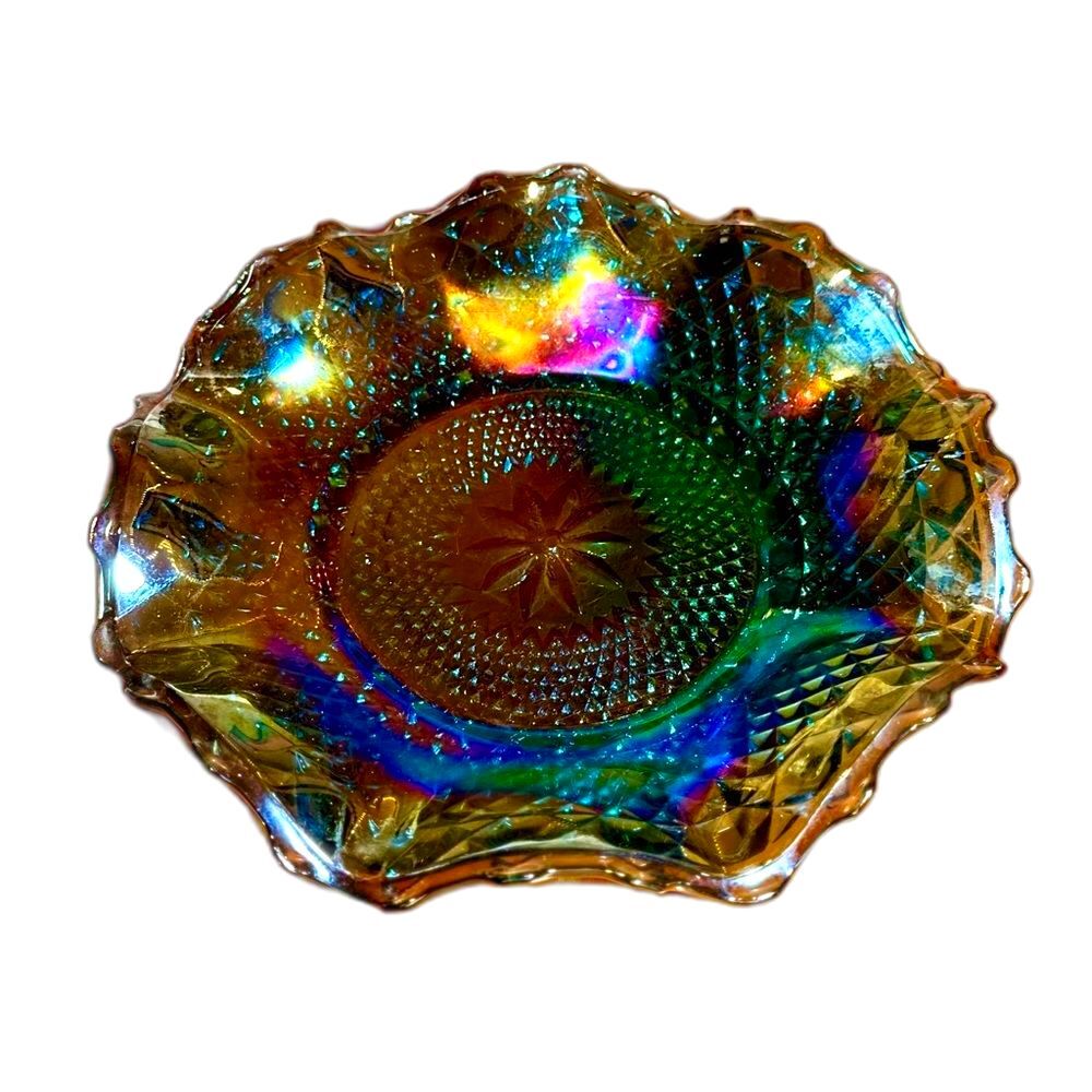 Vintage Indiana Glass Crimped Peacock Blue Carnival Glass Diamond Point Dish 10"